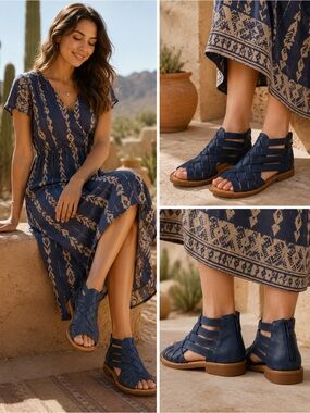 Born Iwa Woven Leather Sandals | Navy Boho Comfort Shoes | Size 7
